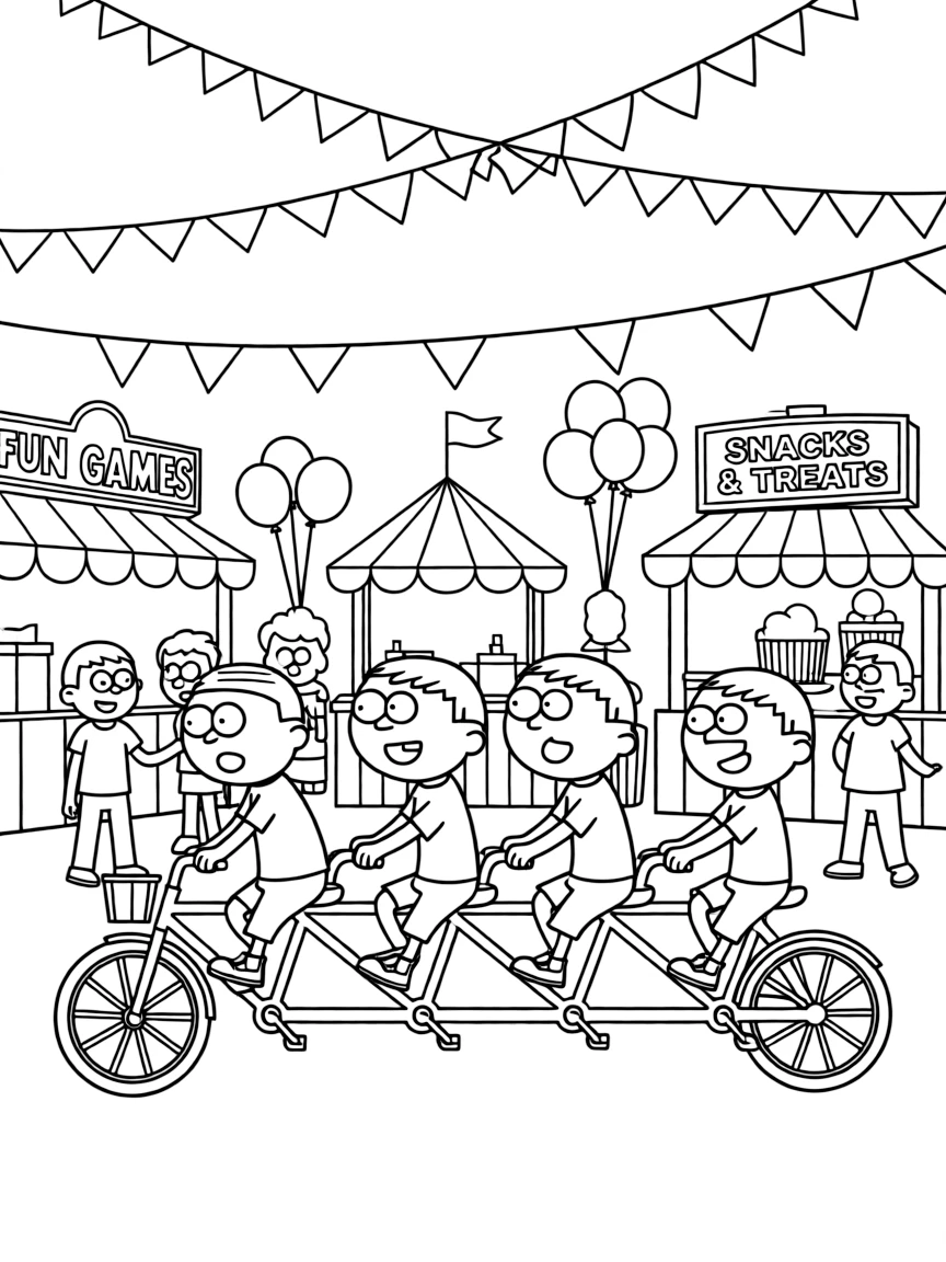 The Loud House riding a bicycle, at a carnival with colorful decorations.