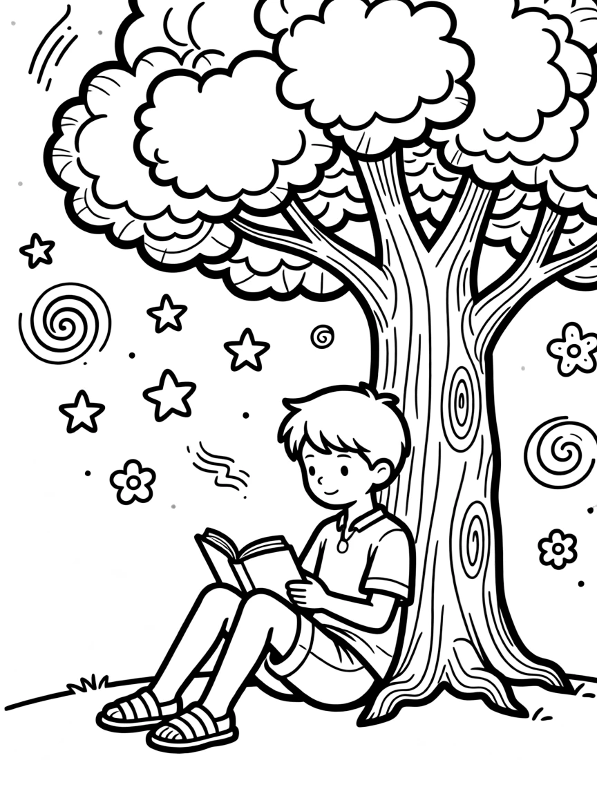 Zoro reading a book under a tree, with playful patterns around.