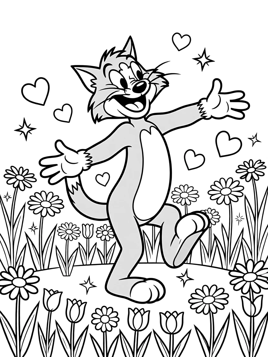 Sylvester dancing in a field of flowers, with hearts and sparkles around.