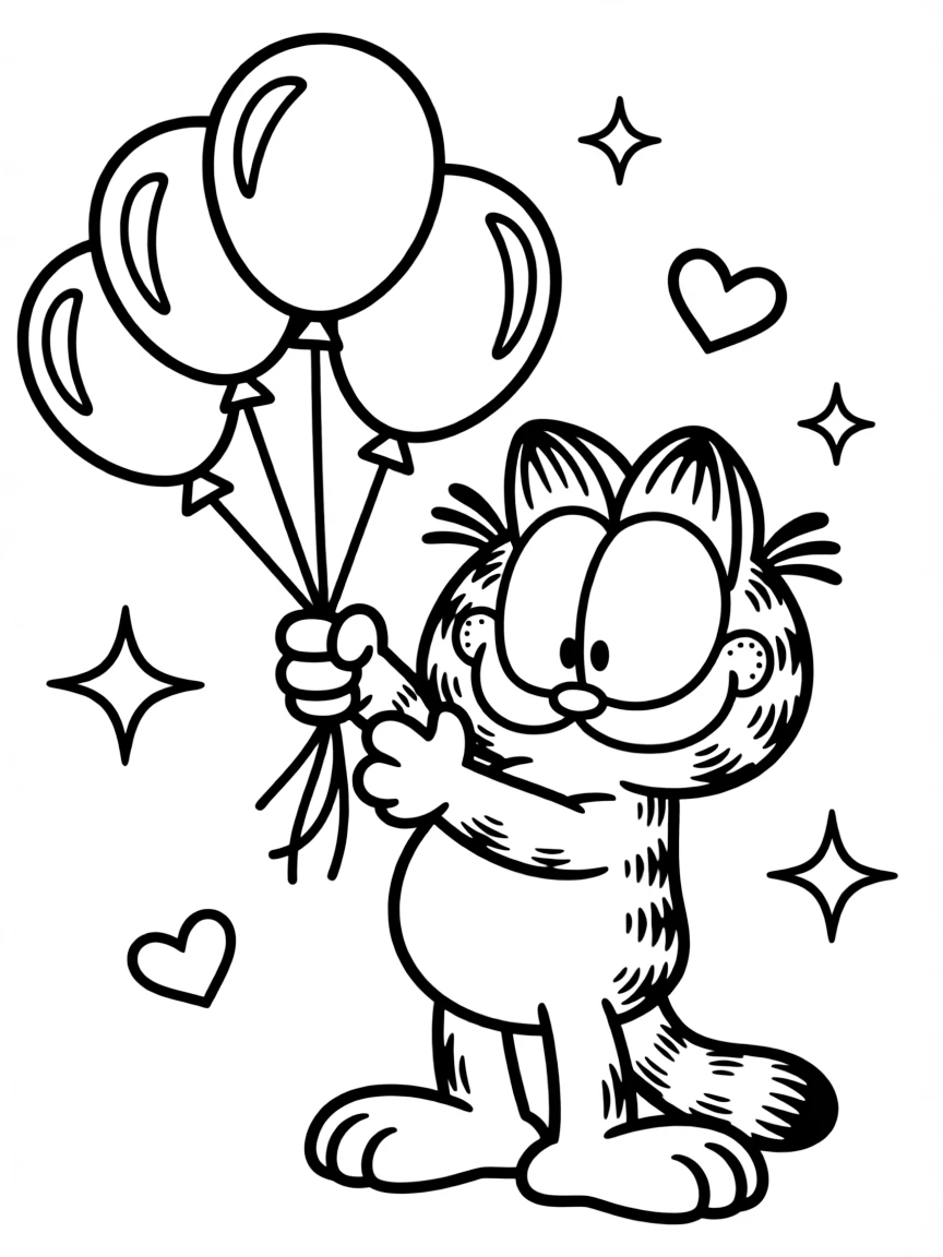 Garfield playing with balloons, with hearts and sparkles around.