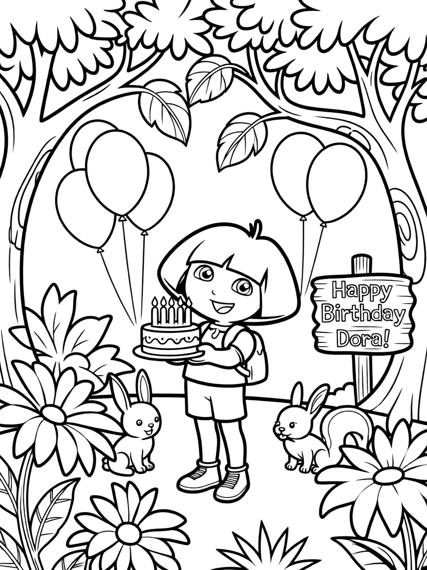 Dora the Explorer celebrating a birthday, in a magical forest setting.