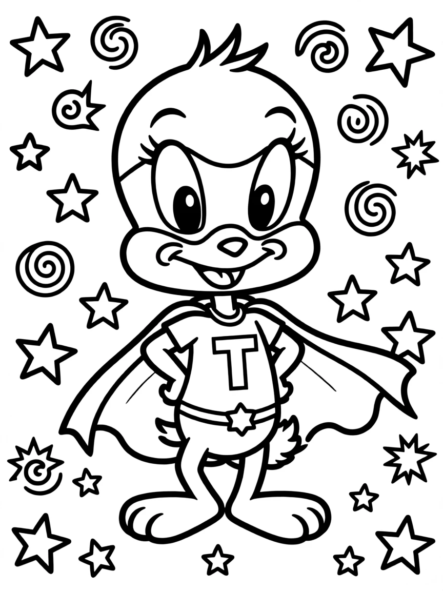 Tweety Bird wearing a superhero costume, with playful patterns around.