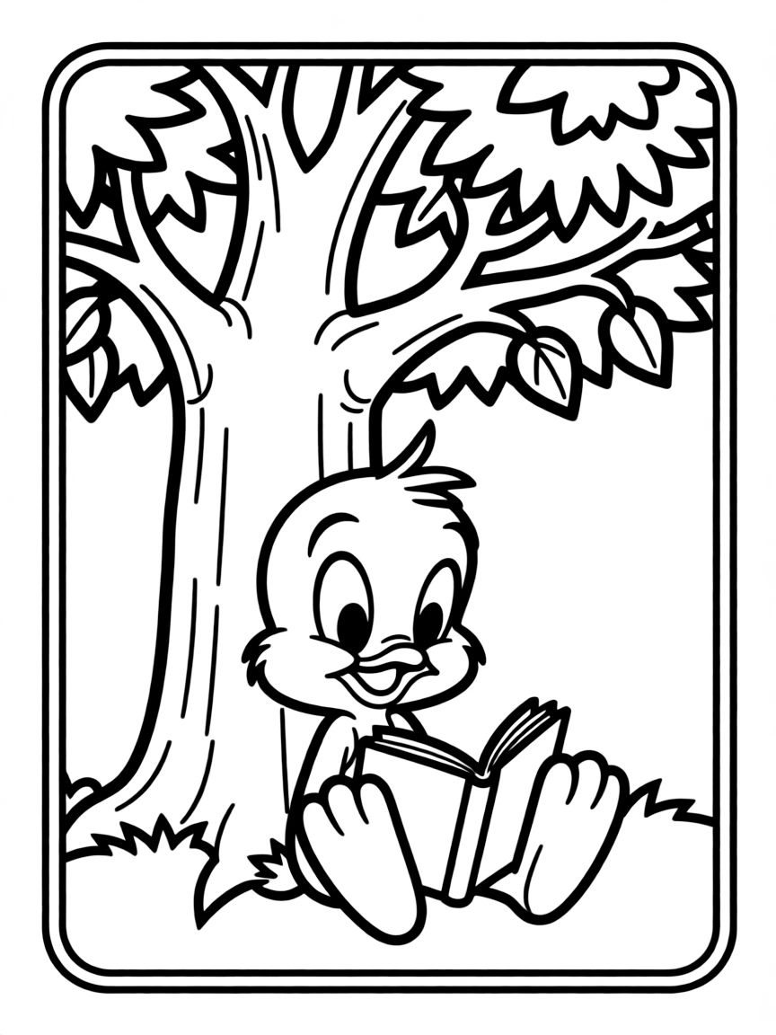 Tweety Bird reading a book under a tree, inside a comic book frame.