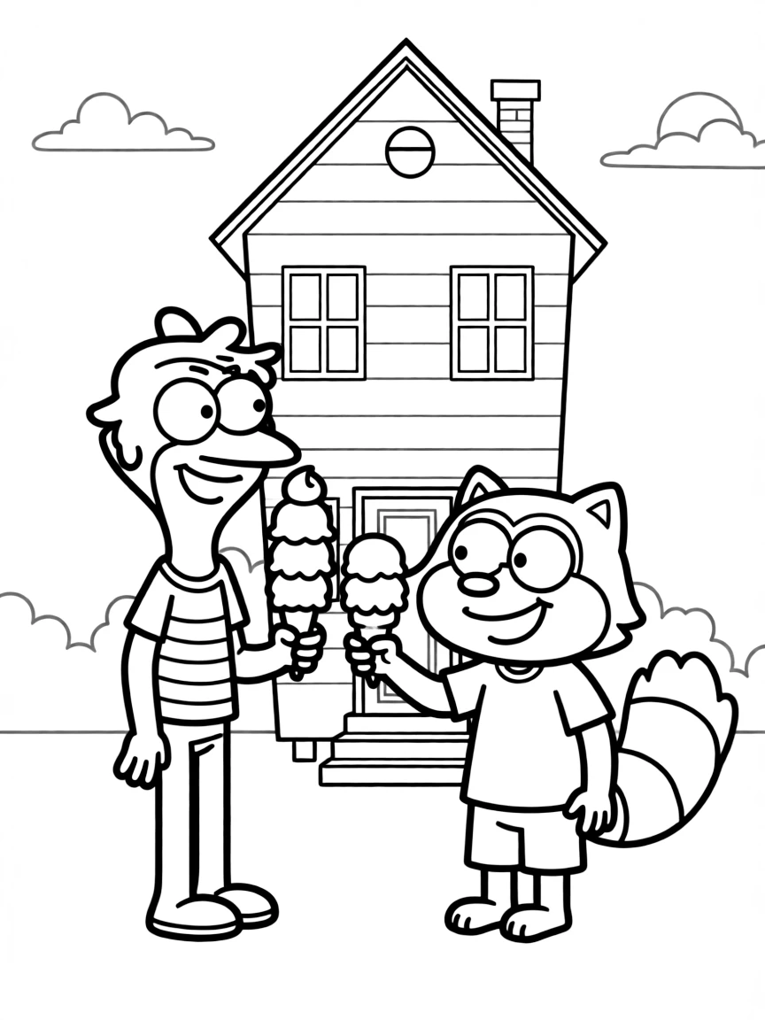 Regular Show enjoying an ice cream cone, in front of their famous house or scene.