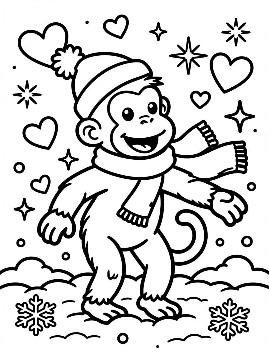 Curious George playing in the snow, with hearts and sparkles around.