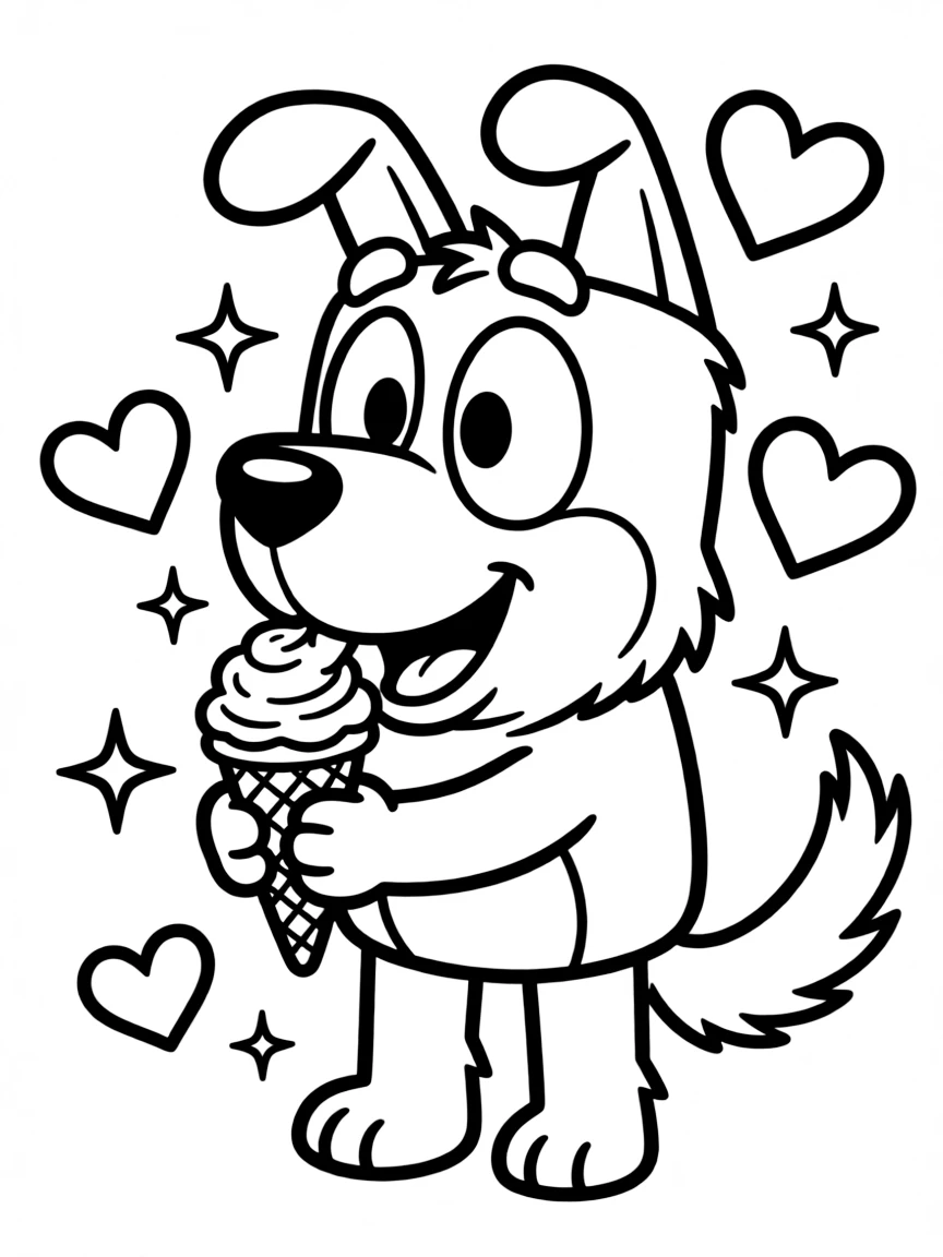 Courage the Cowardly Dog enjoying an ice cream cone, with hearts and sparkles around.
