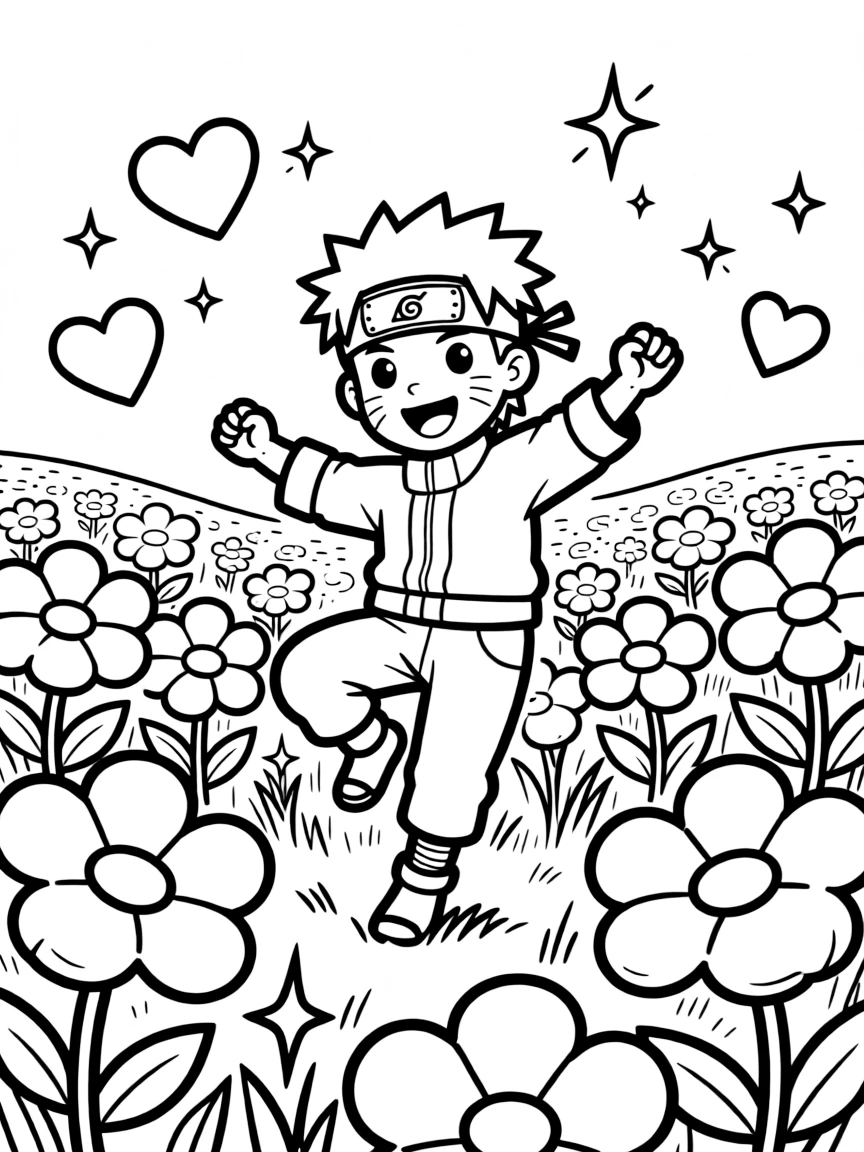 Naruto dancing in a field of flowers, with hearts and sparkles around.
