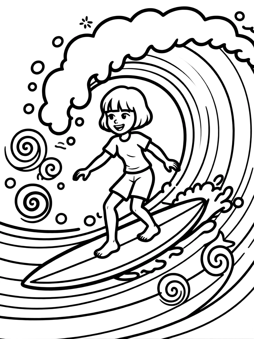 Velma surfing on waves, with playful patterns around.