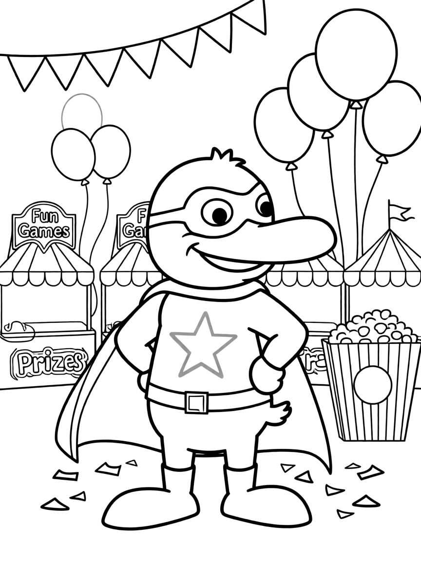 Perry the Platypus wearing a superhero costume, at a carnival with colorful decorations.