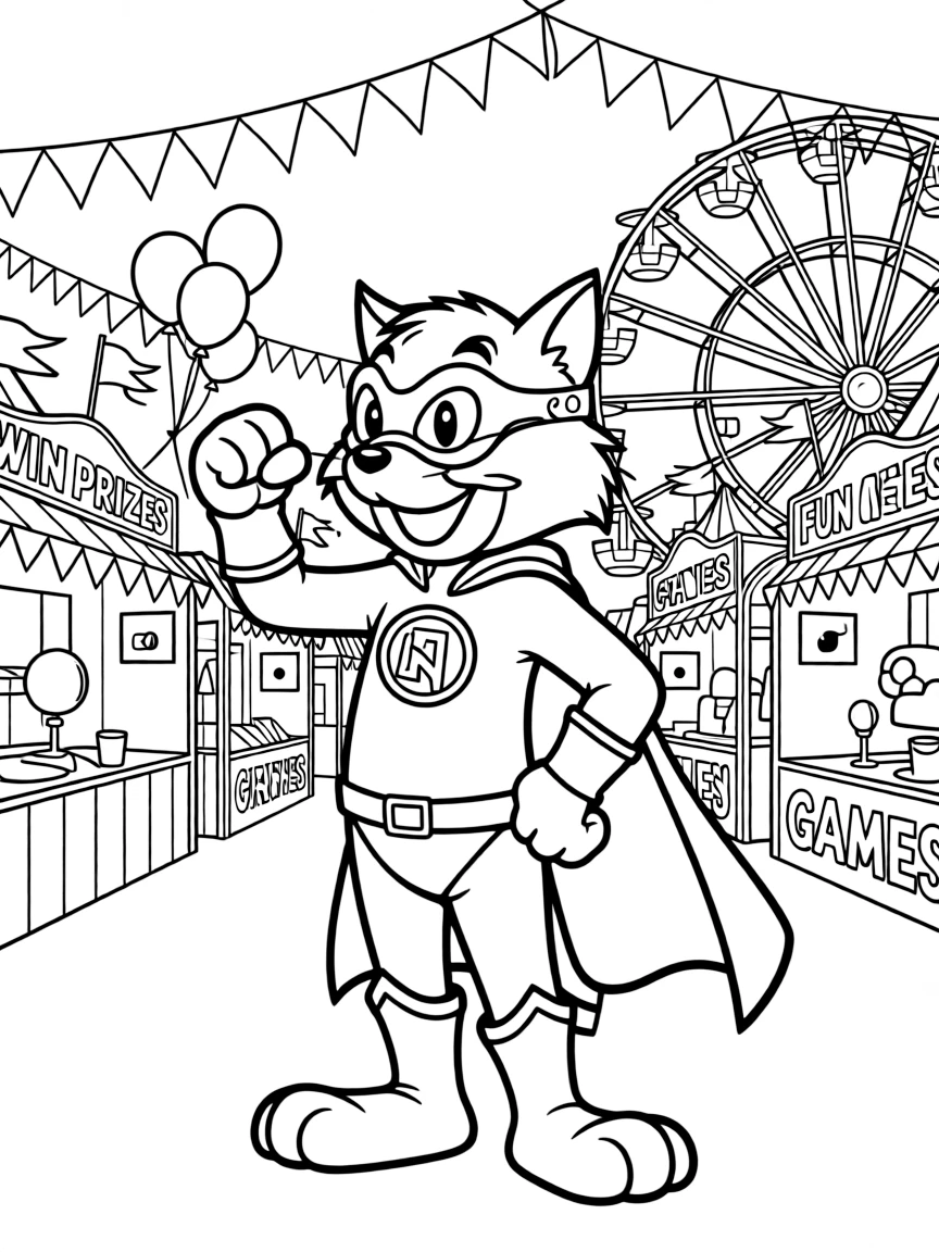 Sylvester wearing a superhero costume, at a carnival with colorful decorations.