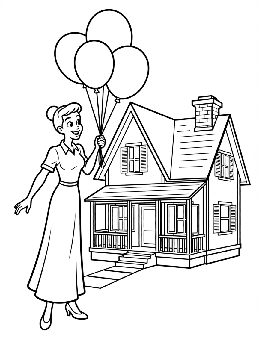 Olive Oyl playing with balloons, in front of their famous house or scene.