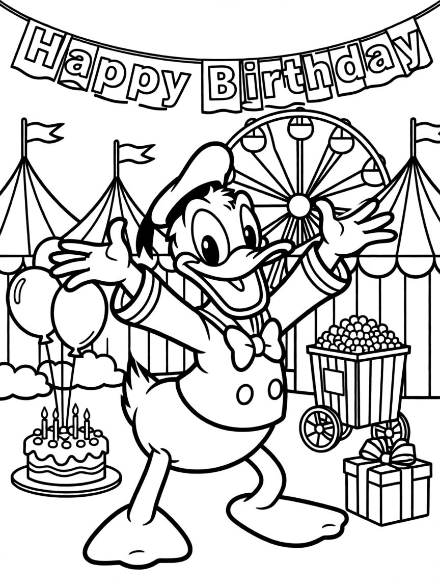 Donald Duck celebrating a birthday, at a carnival with colorful decorations.