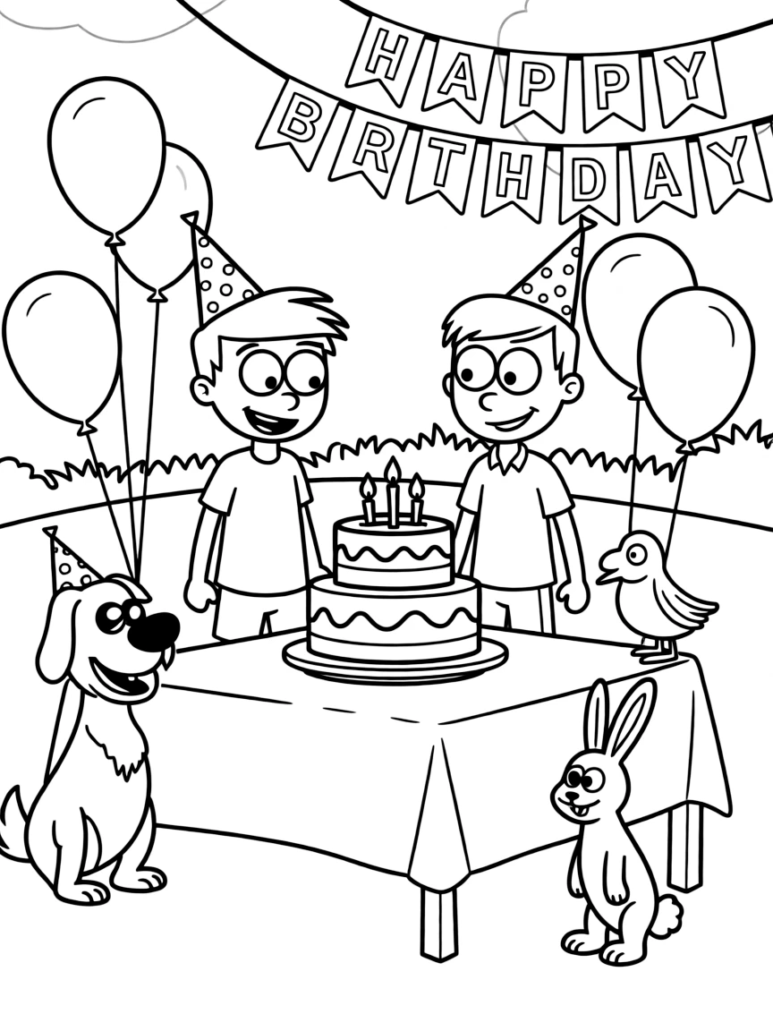 Phineas and Ferb celebrating a birthday, surrounded by friendly animals.