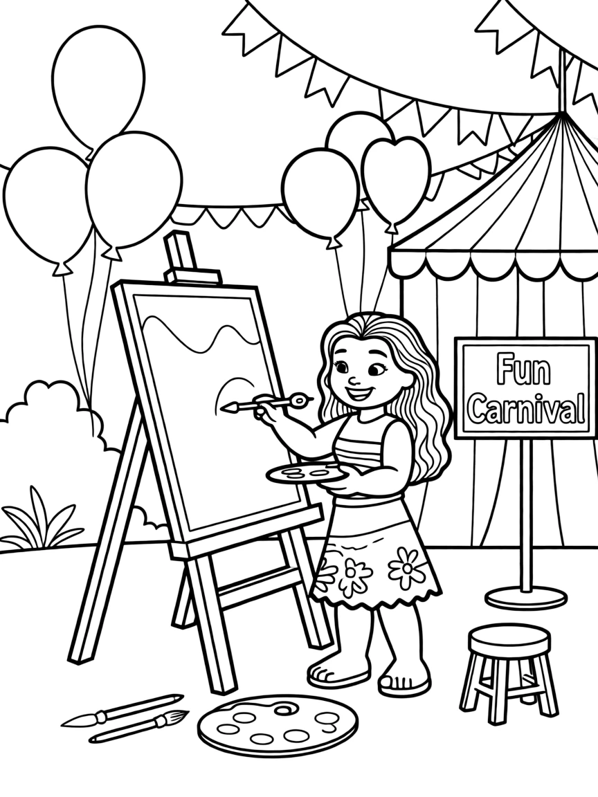Moana painting a picture, at a carnival with colorful decorations.