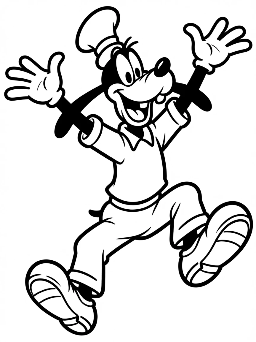 Goofy jumping with joy, with big bold outlines for easy coloring.