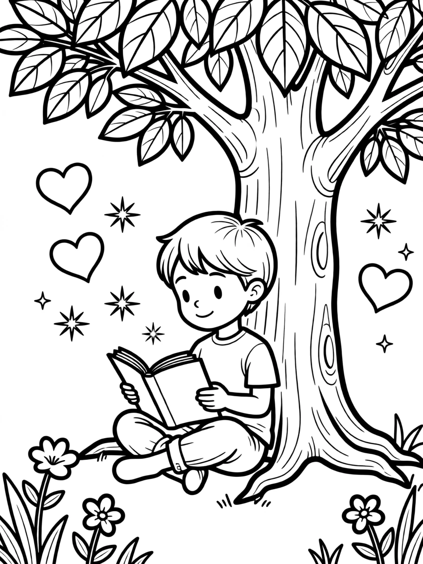 Avatar: The Last Airbender reading a book under a tree, with hearts and sparkles around.