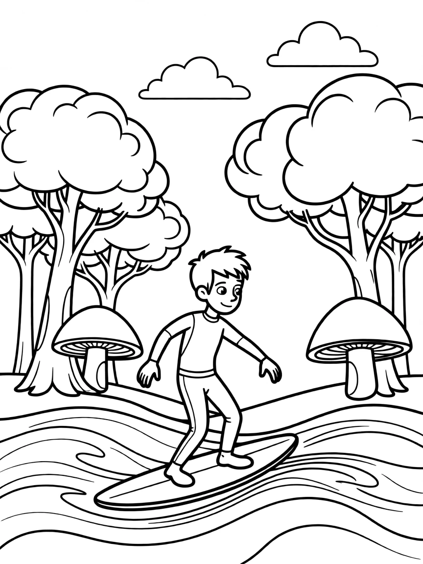 Dexter's Laboratory surfing on waves, in a magical forest setting.