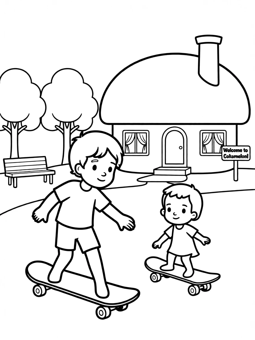 Cocomelon skateboarding in the park, in front of their famous house or scene.