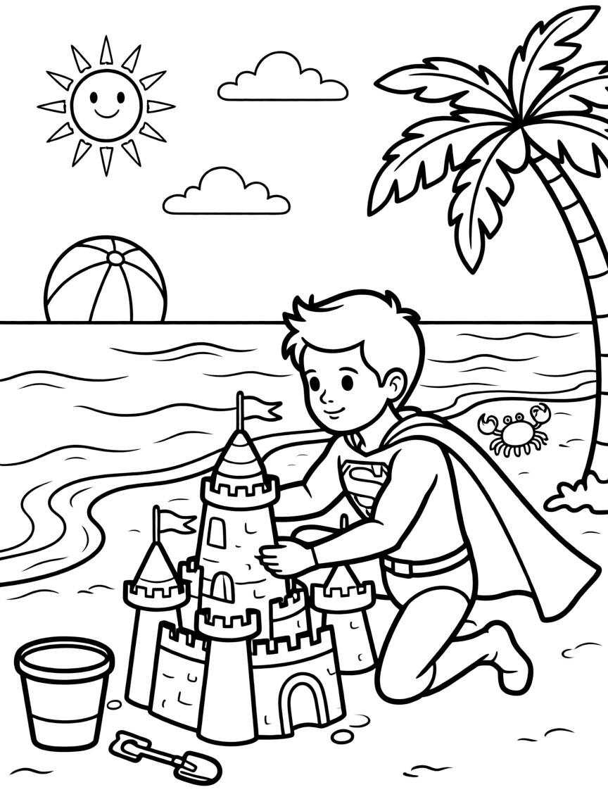 Superman building a sandcastle, with fun background elements.