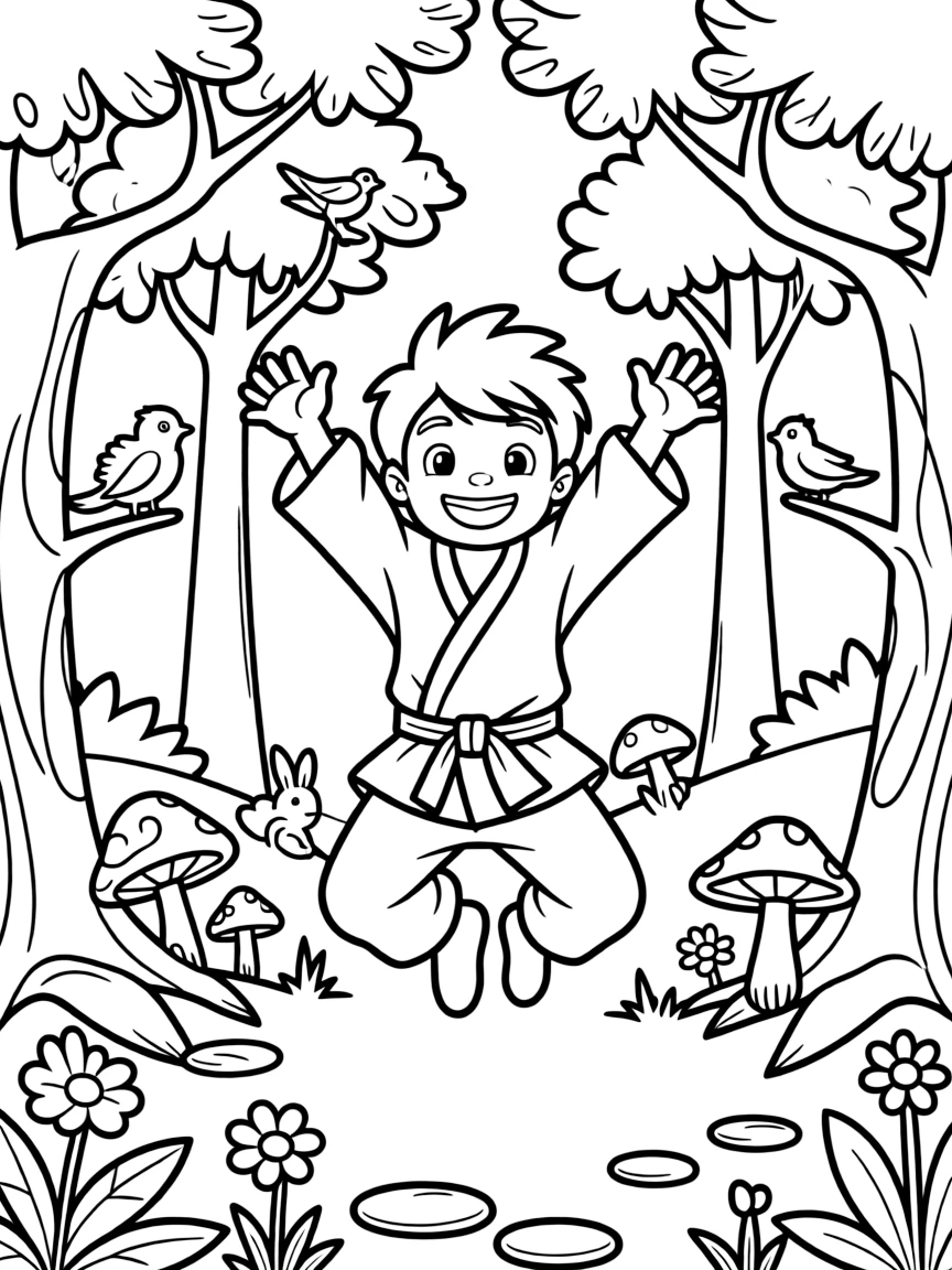 Dragon Ball Z jumping with joy, in a magical forest setting.