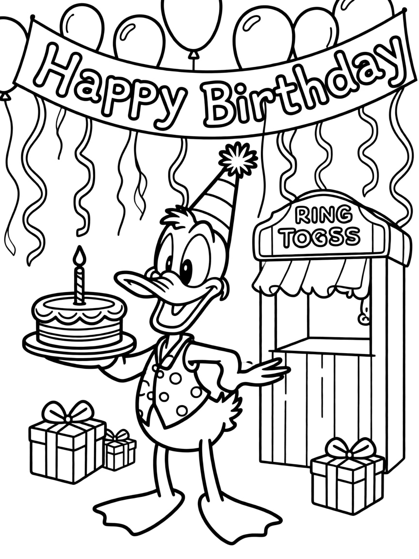 Daffy Duck celebrating a birthday, at a carnival with colorful decorations.