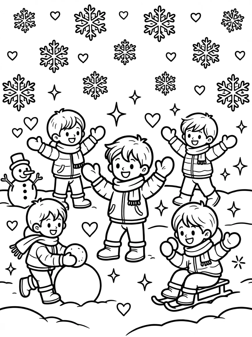 One Piece playing in the snow, with hearts and sparkles around.