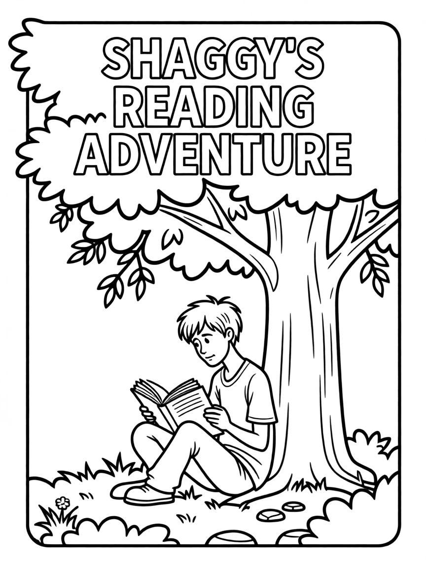 Shaggy Rogers reading a book under a tree, inside a comic book frame.