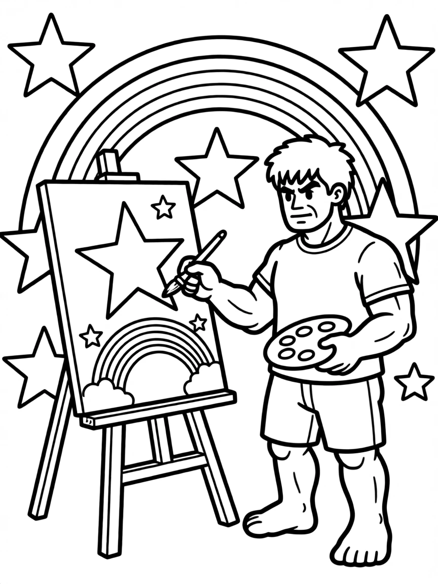 Hulk painting a picture, with stars and rainbows in the background.