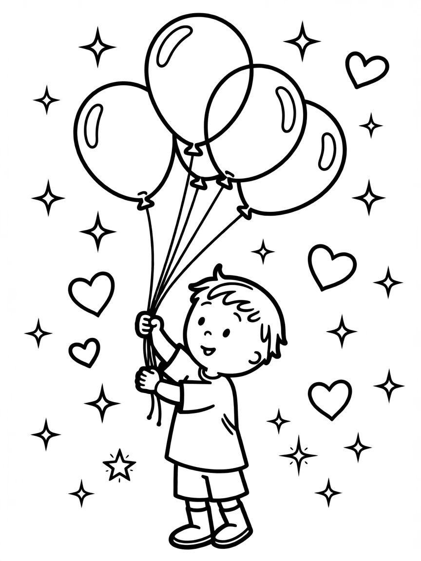 Caillou playing with balloons, with hearts and sparkles around.