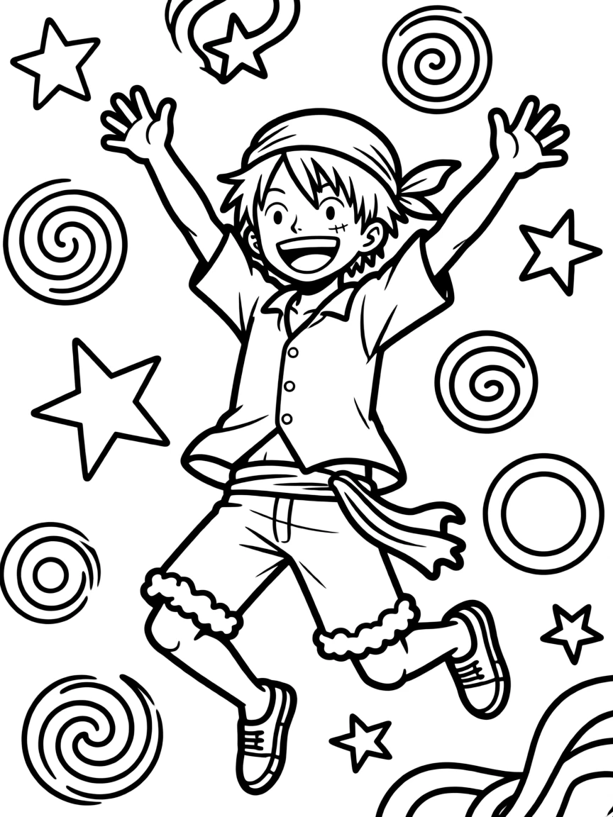Usopp jumping with joy, with playful patterns around.