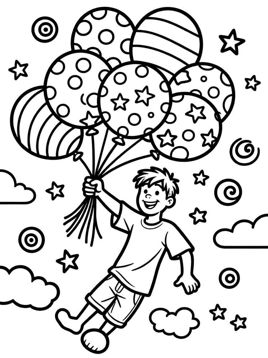 Shaggy Rogers flying with balloons, with playful patterns around.