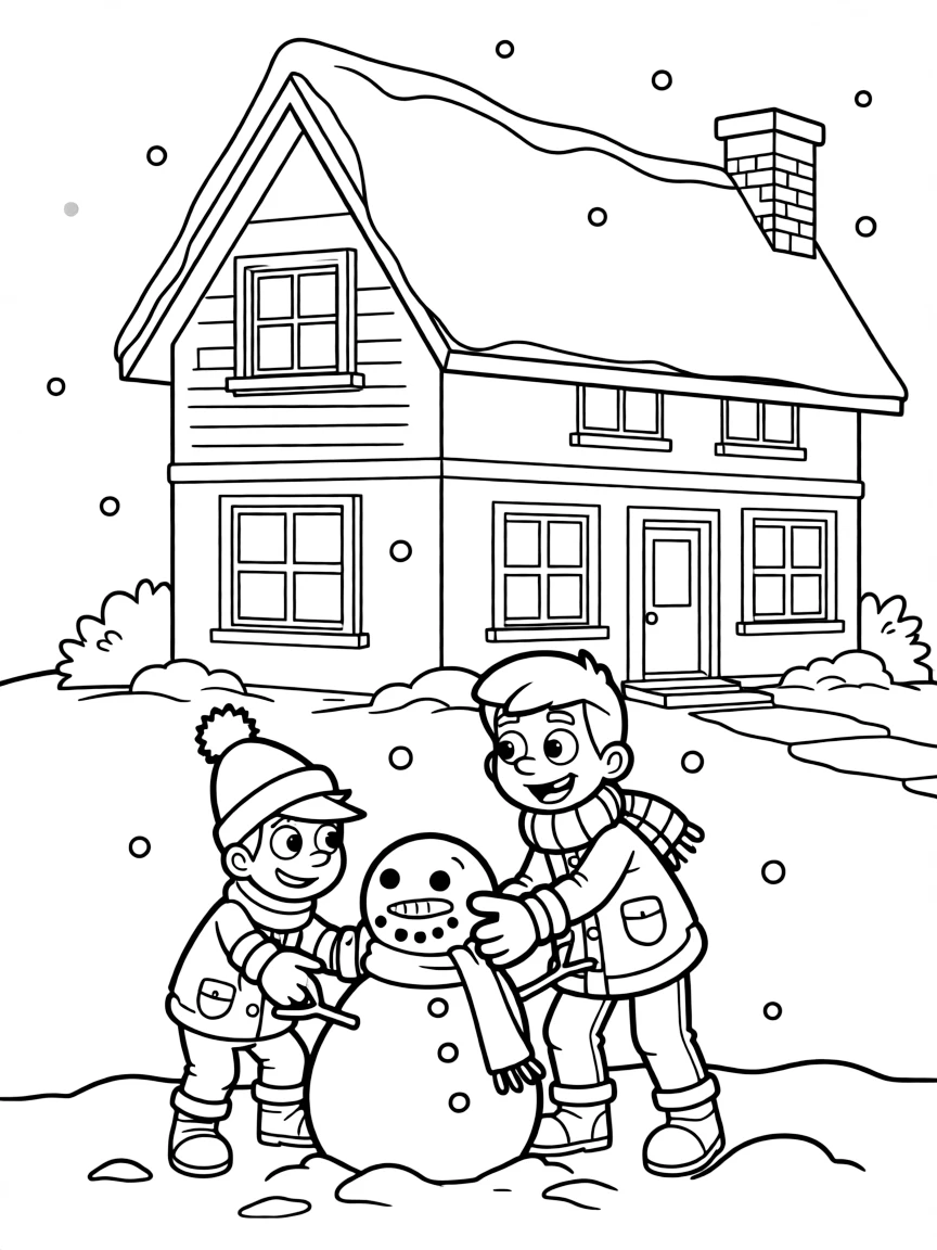 Phineas and Ferb playing in the snow, in front of their famous house or scene.