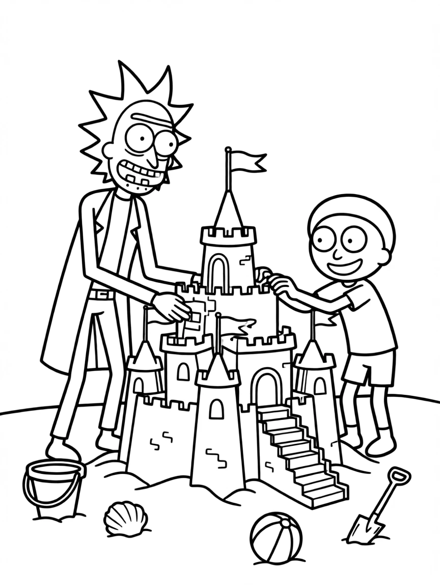 Rick and Morty building a sandcastle, with big bold outlines for easy coloring.