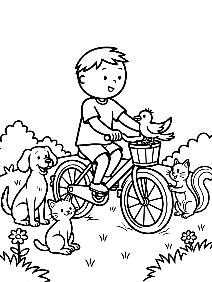 Caillou riding a bicycle, surrounded by friendly animals.