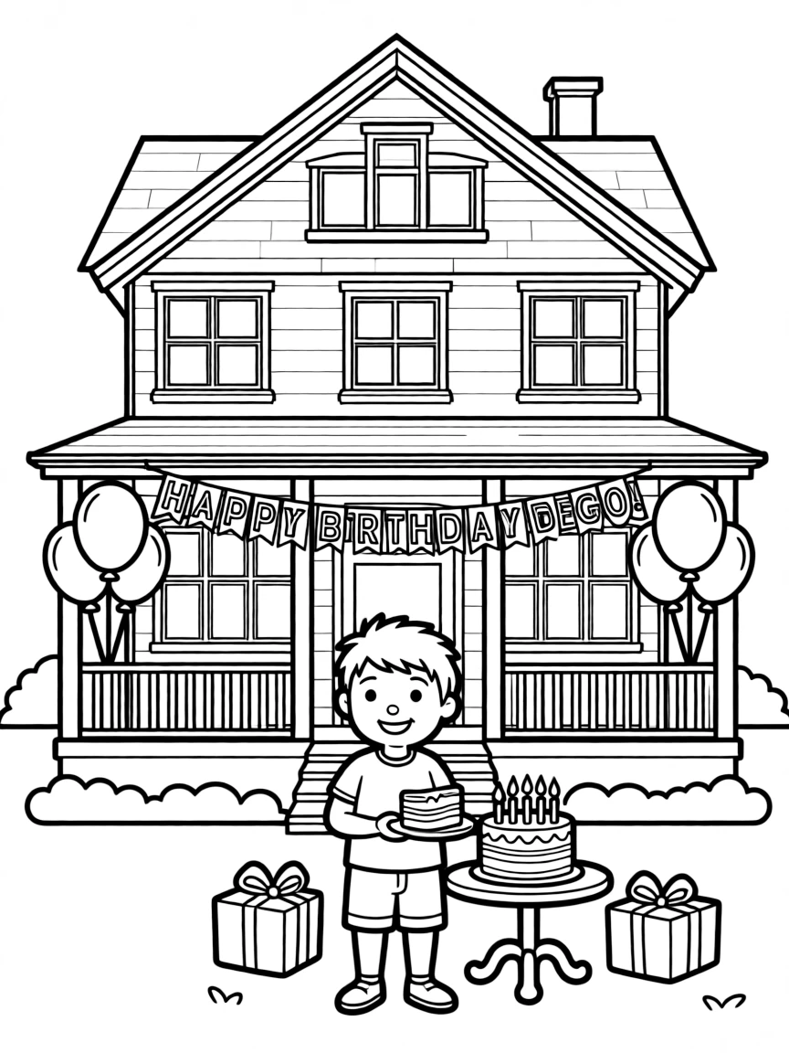 Diego celebrating a birthday, in front of their famous house or scene.