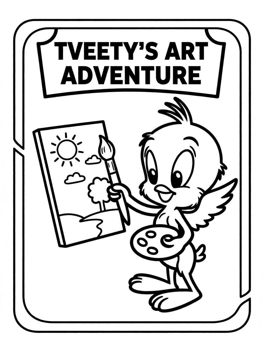Tweety Bird painting a picture, inside a comic book frame.