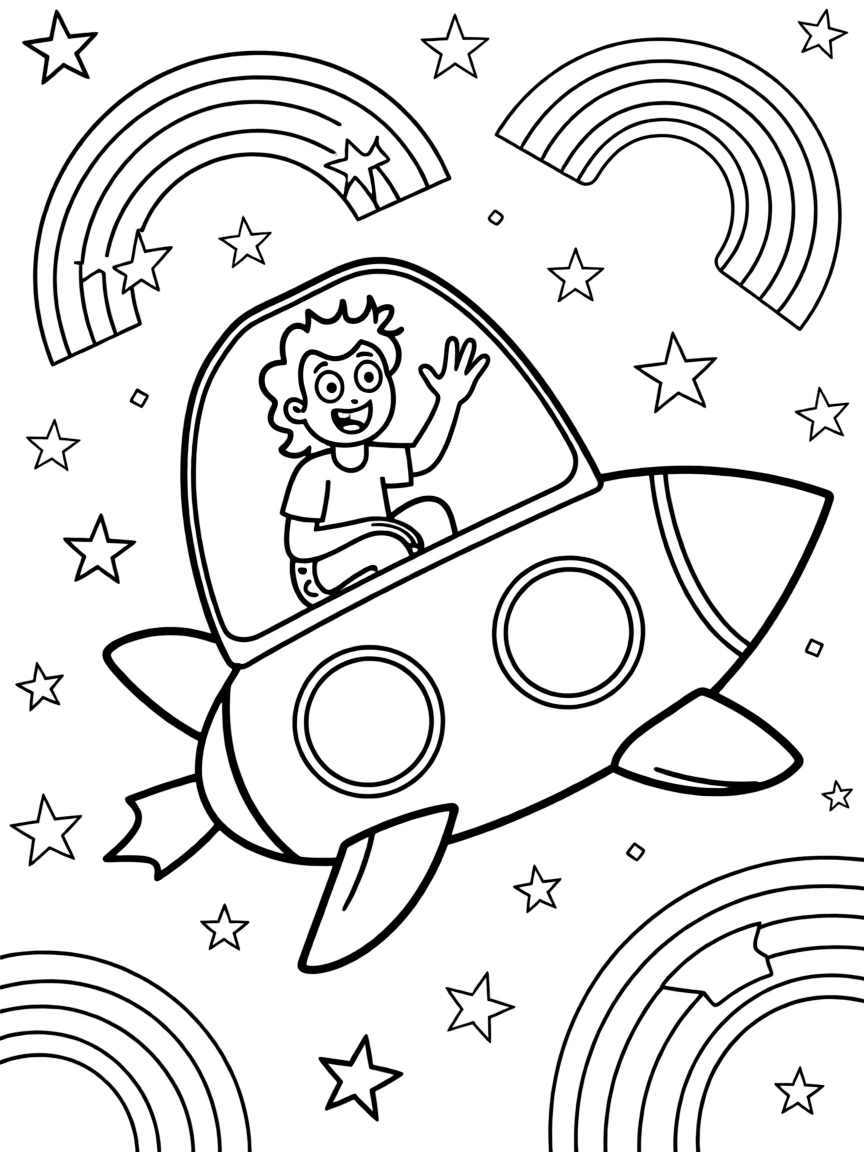 Steven Universe exploring space in a rocket, with stars and rainbows in the background.