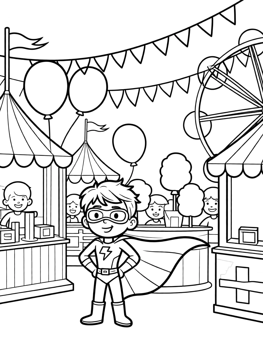 Chowder wearing a superhero costume, at a carnival with colorful decorations.