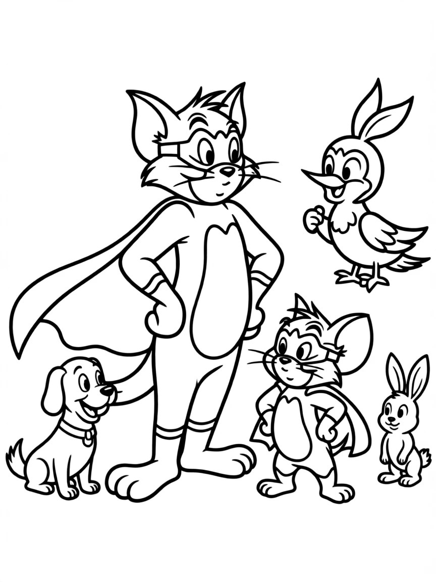 Tom and Jerry wearing a superhero costume, surrounded by friendly animals.