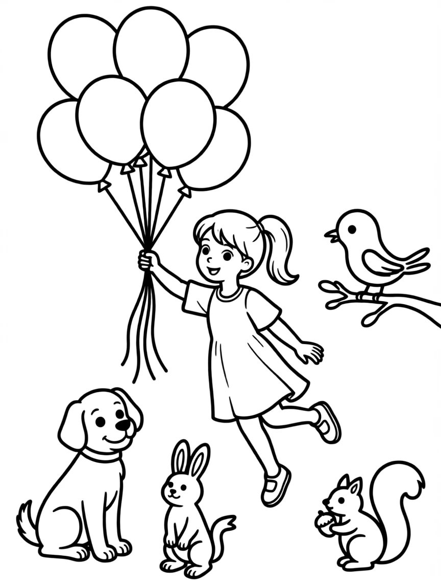 Daphne flying with balloons, surrounded by friendly animals.