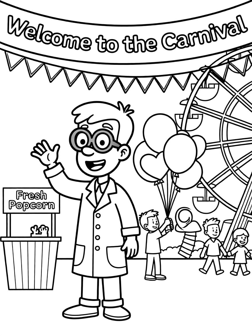 Dexter's Laboratory waving hello, at a carnival with colorful decorations.