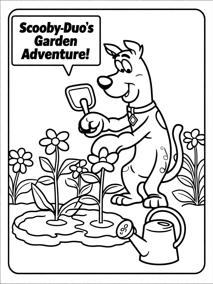 Scooby-Doo gardening, inside a comic book frame.