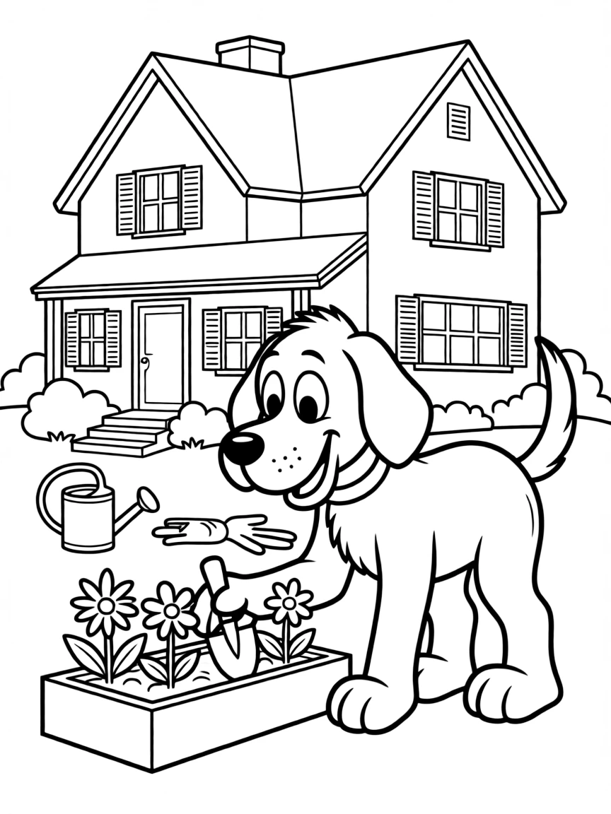 Clifford the Big Red Dog gardening, in front of their famous house or scene.