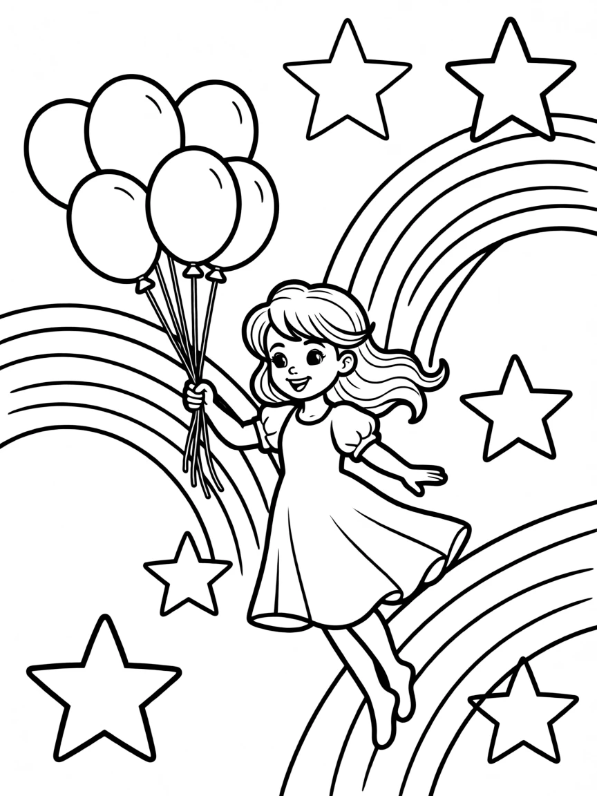 Daphne flying with balloons, with stars and rainbows in the background.