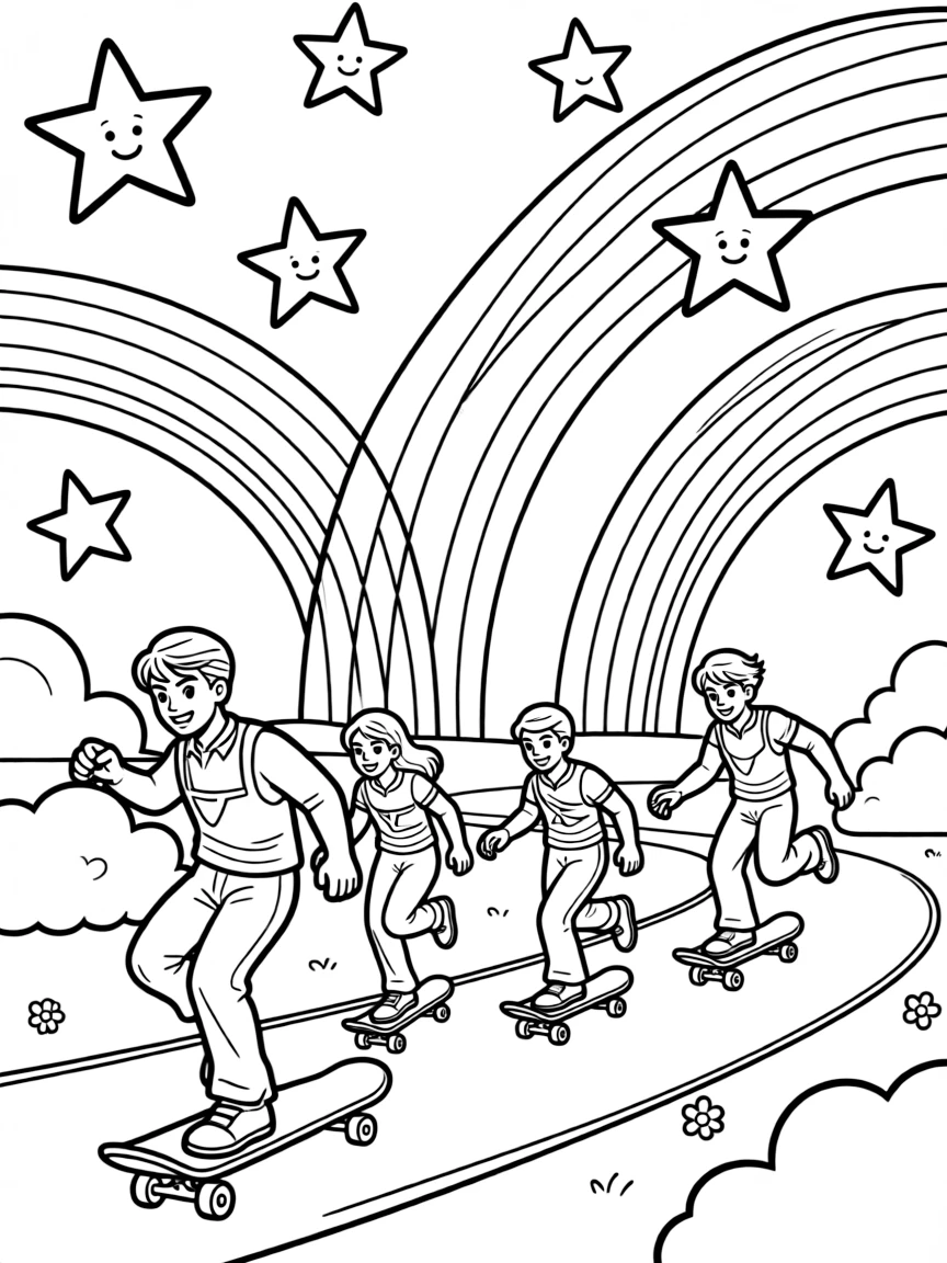 X-Men skateboarding in the park, with stars and rainbows in the background.