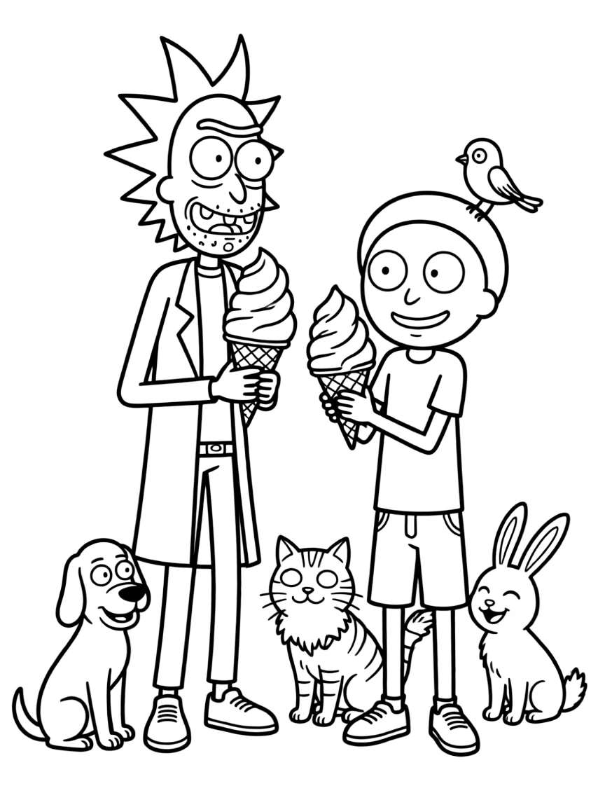 Rick and Morty enjoying an ice cream cone, surrounded by friendly animals.