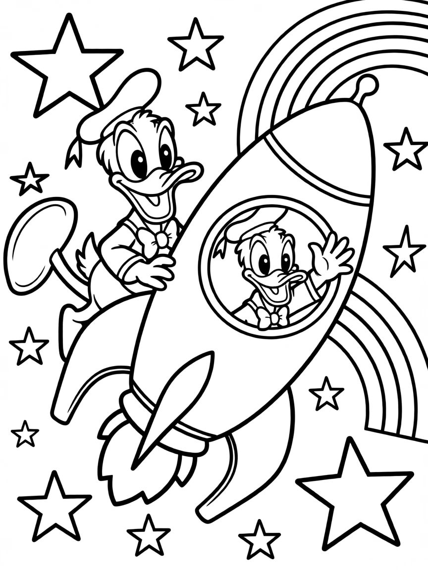 Donald Duck exploring space in a rocket, with stars and rainbows in the background.