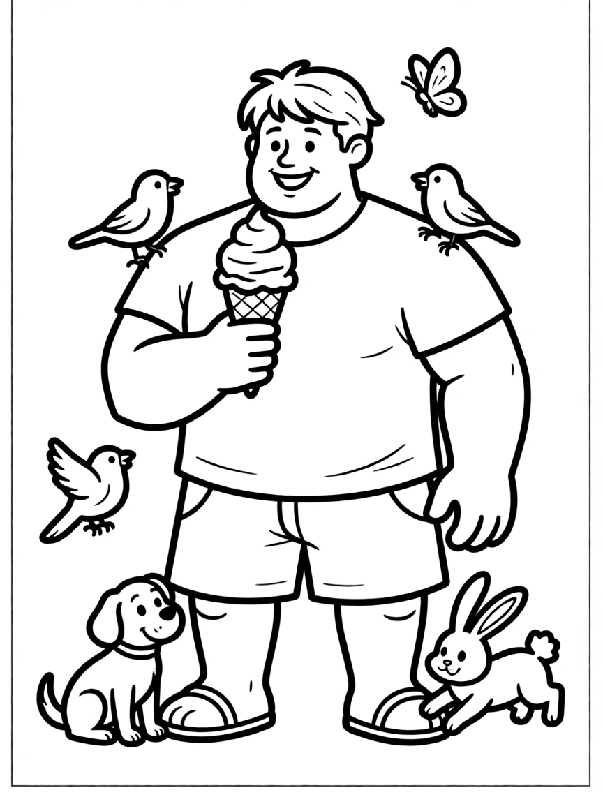 Hulk enjoying an ice cream cone, surrounded by friendly animals.