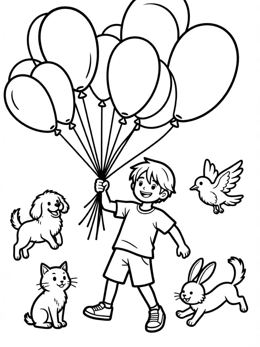 Usopp flying with balloons, surrounded by friendly animals.