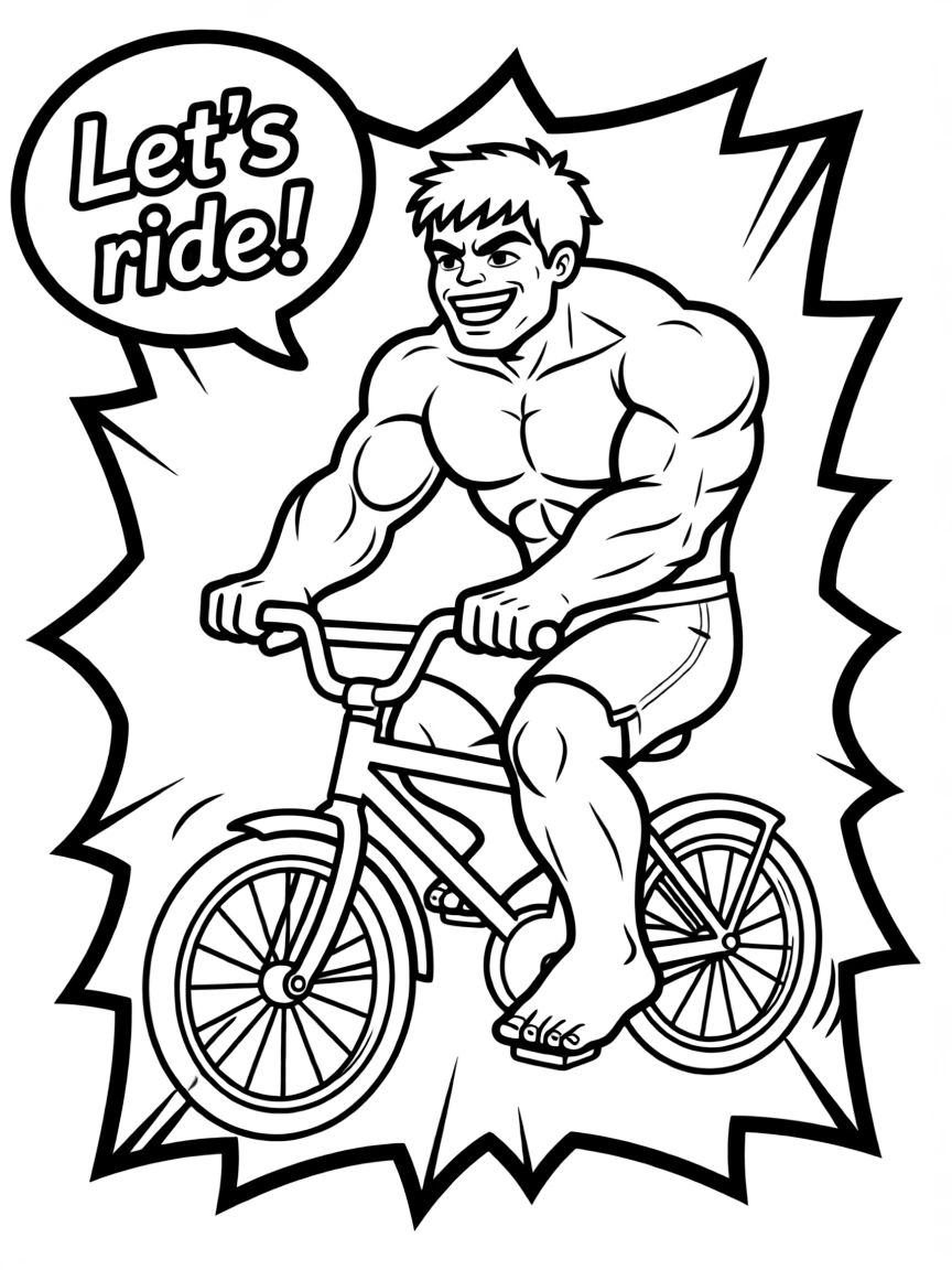Hulk riding a bicycle, inside a comic book frame.